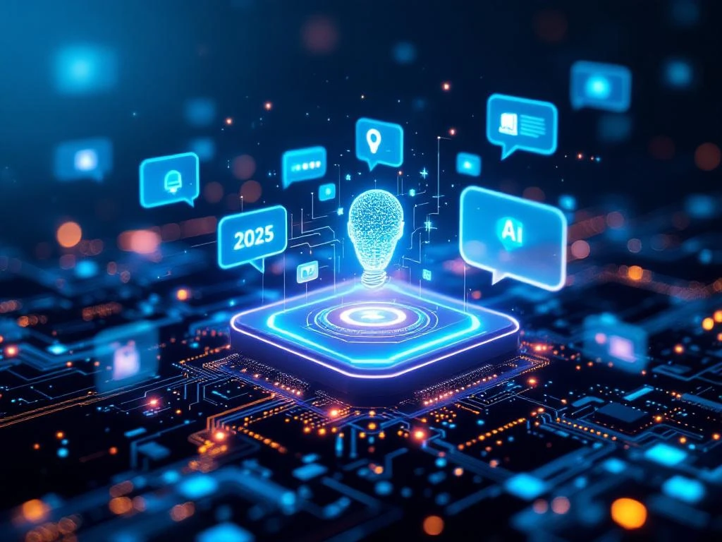 Futuristische holografische chatbot-interface met neurale netwerken en AI-symbolen in digitale ruimte 2025