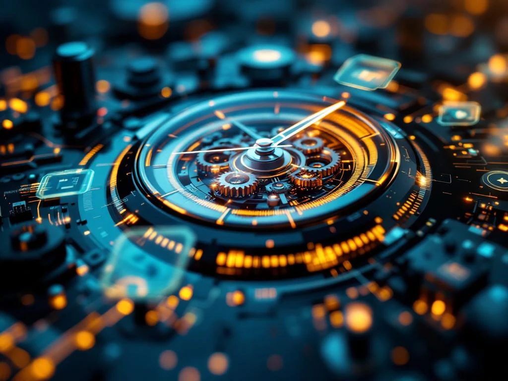 Moderne klok met holografische chatbot-interface en digitale circuits op donkerblauwe ondergrond bij gouden uurtje