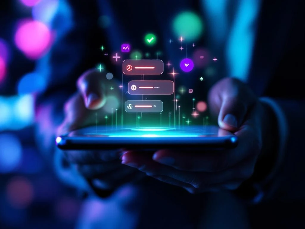 Smartphone met chatbot-interface toont foutmeldingen en laadpictogrammen, groene vinkje hologram verschijnt als oplossing