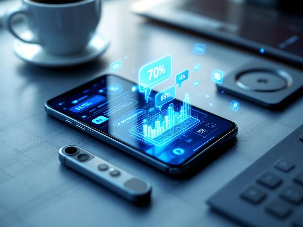 Smartphone met chatbot-interface en datavisualisatie grafieken op modern bureau in kantooromgeving


---

**Metadata feedback:** De alt-text is 108 tekens en bevat relevante zoekwoorden zoals 