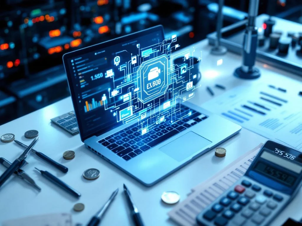 Werkbank met laptop, holografische chatbot-interface, precisietools, euromunt, rekenmachine en onderhoudslijst voor telecomdiensten