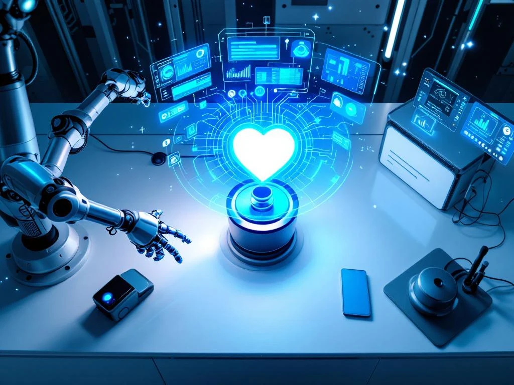 Holografische chatbot-interface met robotarm en diagnostische schermen in modern testlaboratorium van bovenaf gezien