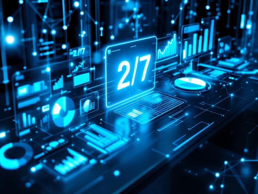 Modern commandocentrum met holografische dashboards, real-time analytics en 24/7 klok in blauw licht