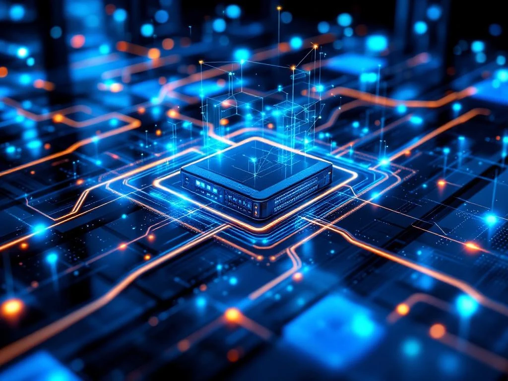 Serverrack in datacenter met blauwe LED-verlichting, glasvezelkabels en holografische netwerkvisualisaties van bovenaf gezien