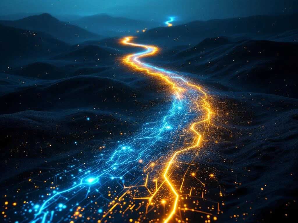 Verlicht digitaal pad dat zich door donker landschap slingert met gouden lichtspoor en blauwe dataknooppunten