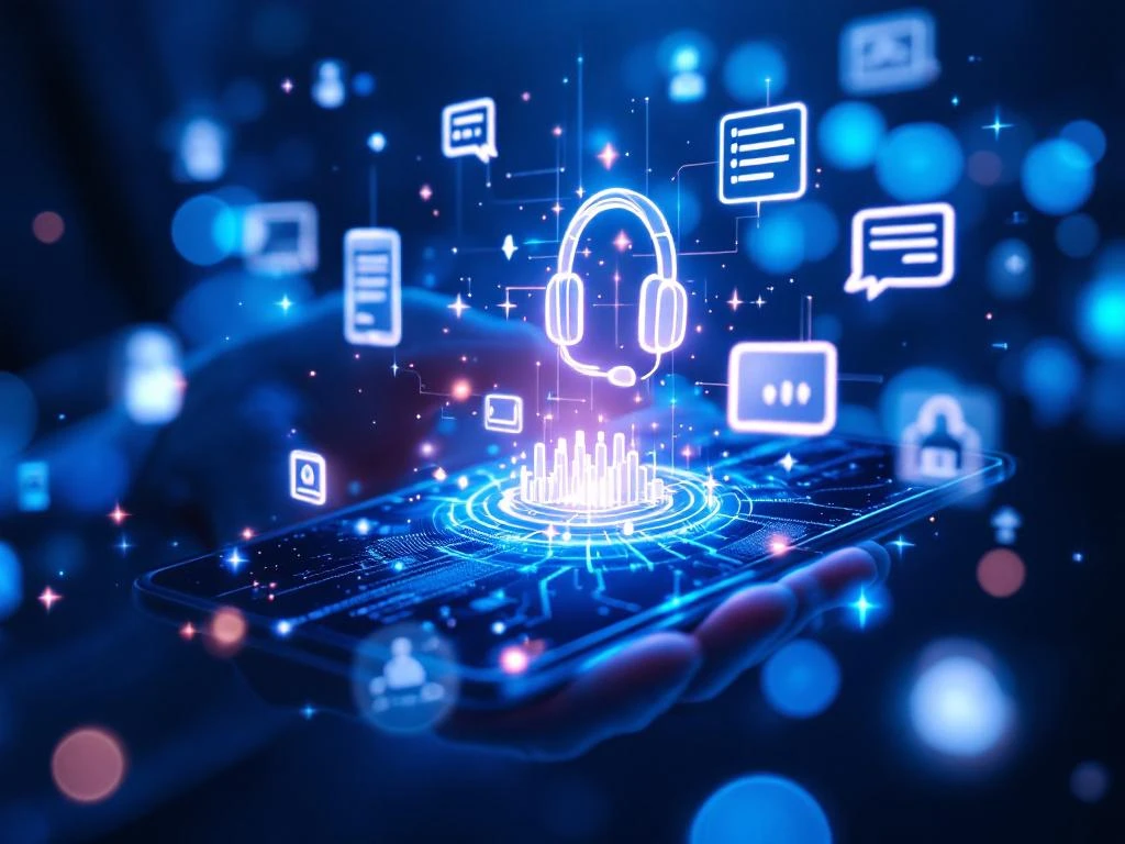 Holografische klantenservice-interface met headset en chatpictogrammen die transformeren van papier naar digitale deeltjes


---

**Explanation of approach (not part of alt text):**
- Started with main subject (holographic customer service interface)
- Included key visual elements (headset, chat icons)
- Described the transformation concept
- Stayed under 125 characters
- Used natural Dutch phrasing
- Omitted decorative details like lighting and background gradients
- Focused on what's meaningful for screen reader users