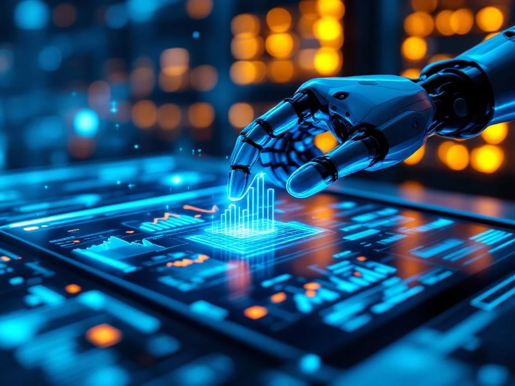 Robotarm plaatst verkoopgrafieken op digitaal dashboard met blauwe verlichting en serverracks op achtergrond