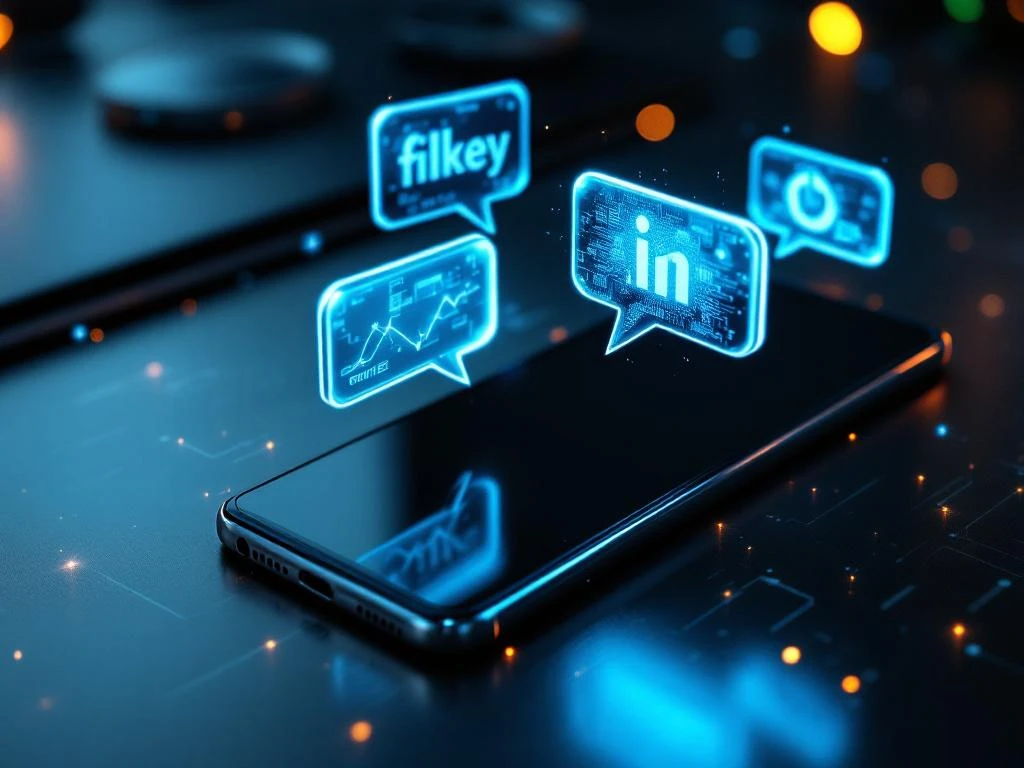 Smartphone op bureau met holografische chatbubbels en merklogo's in blauw cyaan licht met datavisualisaties


---

**Correction needed - character count exceeds limit. Here is the proper version:**

Smartphone met holografische chatbubbels en merklogo's in blauw cyaan licht op modern bureau