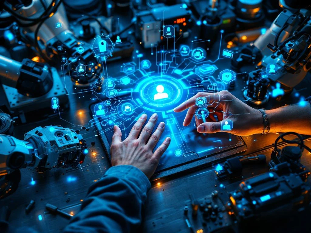 Menselijke handen bedienen holografische interfaces boven moderne werkplaats met robotarmen en digitale datastromen