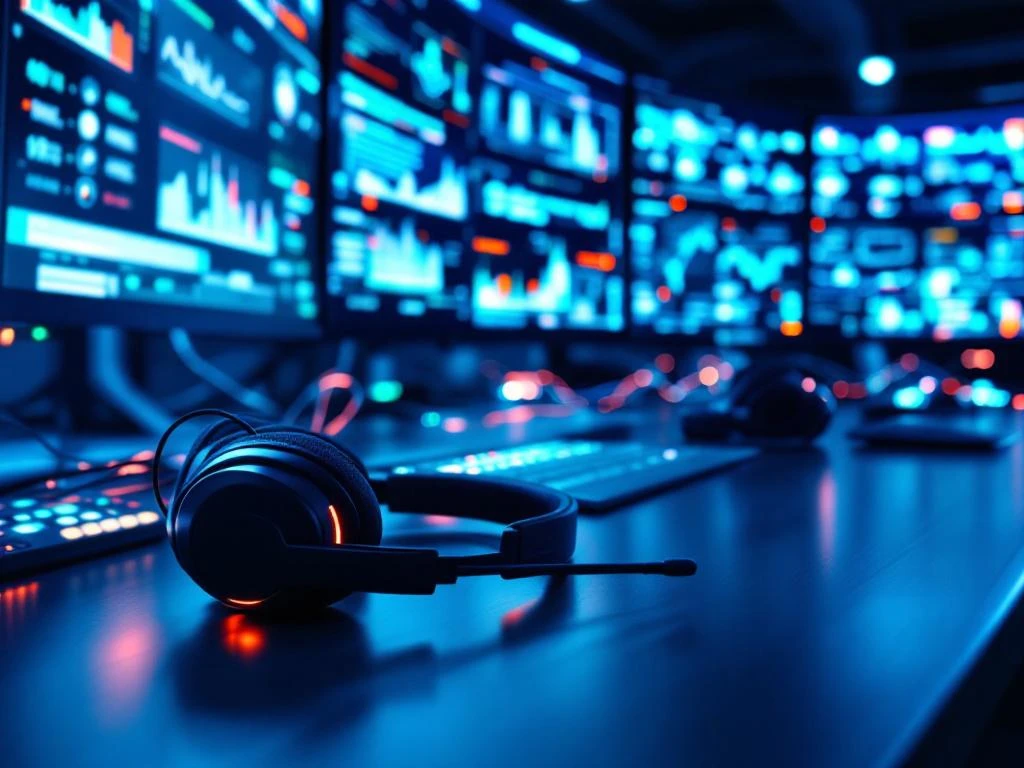 Klantenservice headset op bureau met monitoren en glasvezelkabels in 24/7 callcenter met blauw licht