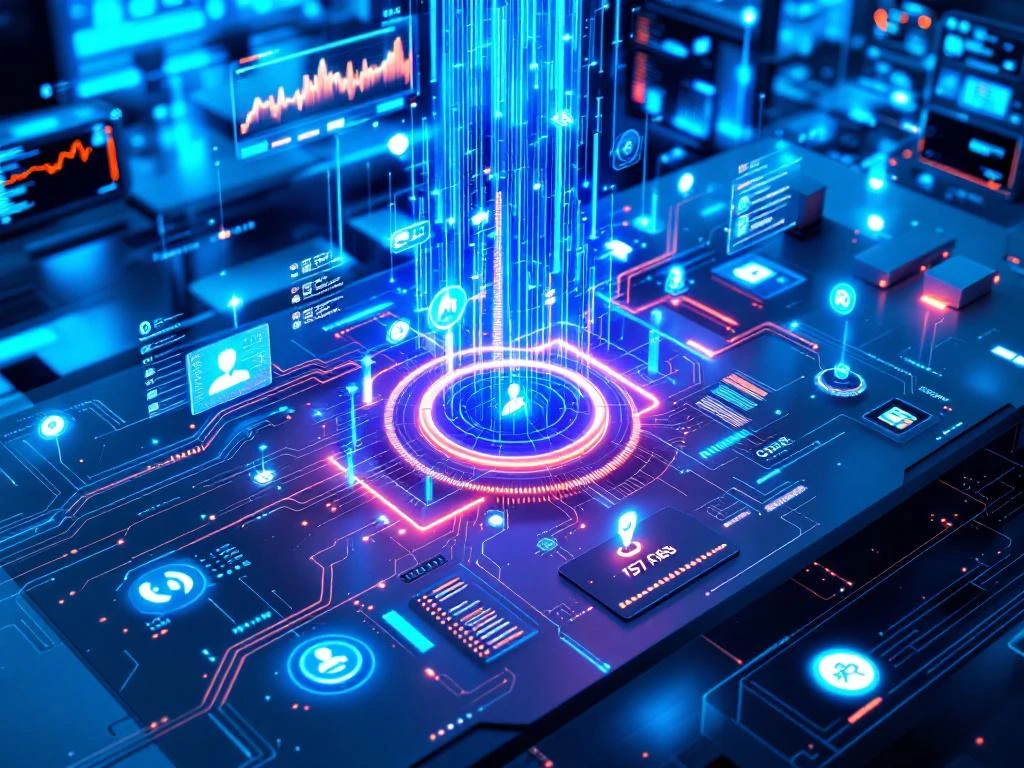 Futuristisch klantenservice commandocentrum met holografische datastromen en AI-interfaces in blauw en cyaan