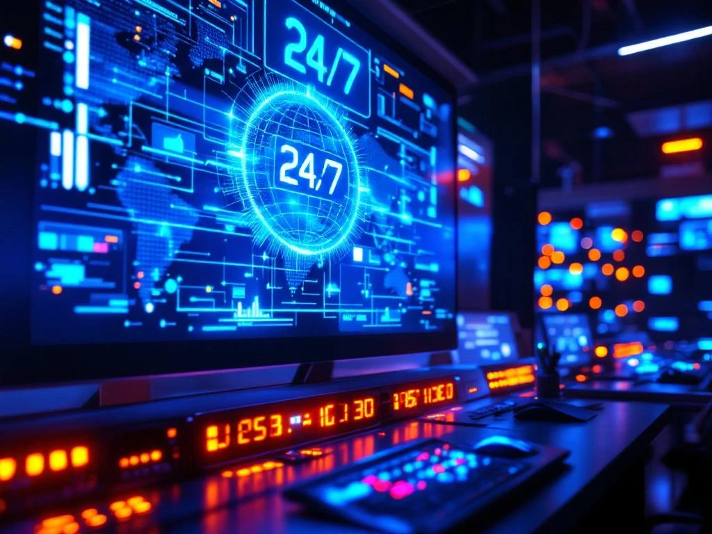 Telecommunicatie serverruimte met verlichte netwerkapparatuur, monitors en 24/7 hologram in blauw licht