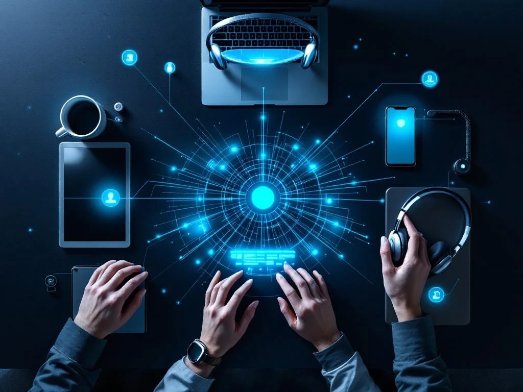 Bovenaanzicht van moderne communicatieapparaten verbonden met blauwe lijnen op donker bureau voor klantenservice