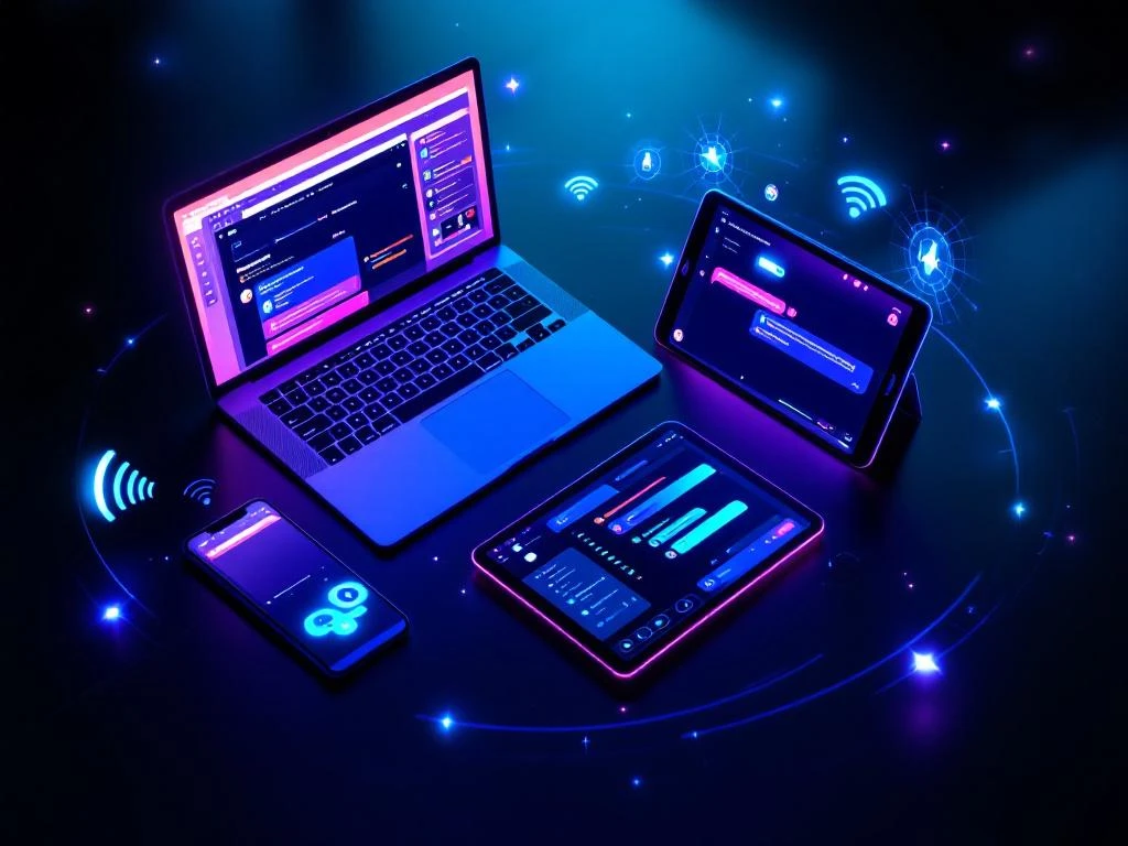 Bovenaanzicht van digitale apparaten met klantenservice-interfaces, verbonden door draadloze signalen op donker oppervlak