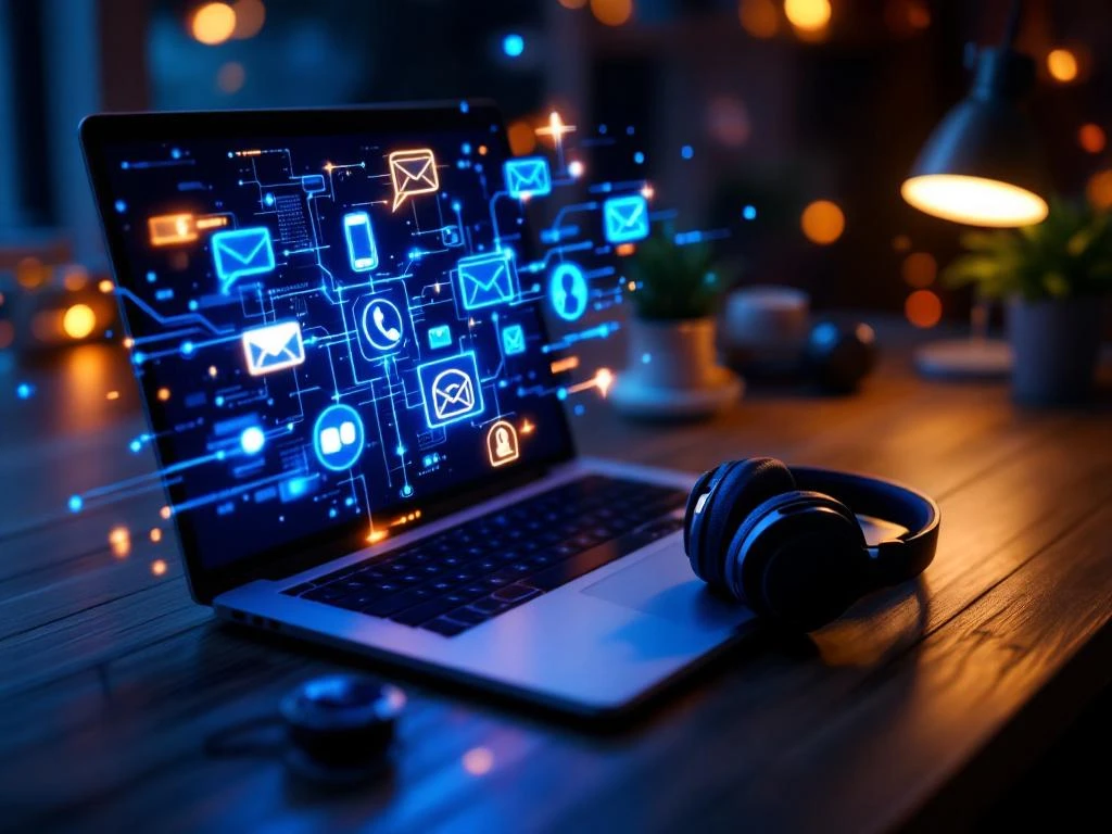 Moderne werkplek met laptop die holografische communicatiekanalen toont, verbonden door lichtgevende datastromen naar headset


Note: This alt text is 124 characters and describes the key elements while maintaining accessibility and SEO value in Dutch.