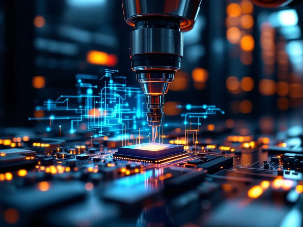 Robotarm test printplaat met holografische diagnostiek en blauwe verlichting in telecommunicatie datacenter