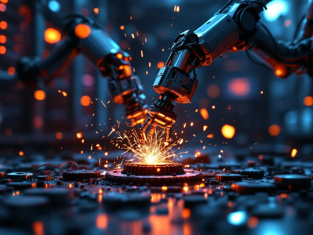 Industriële robotarmen met vonken en rode foutmeldingen, kapotte circuits en kabels in donkere fabriek