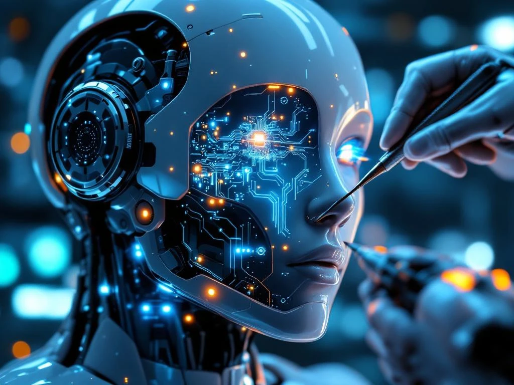 Robotachtige chatbot met transparante panelen en blauwe neurale netwerken wordt onderhouden door precisie-instrumenten