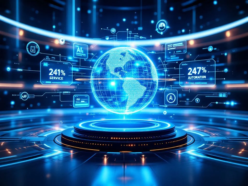 Futuristisch telecommunicatiecentrum met holografische globe, netwerkverbindingen en 24/7 servicemonitoring in blauw licht