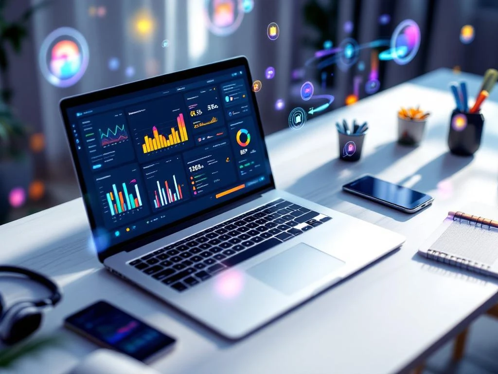 Modern bureau met laptop met kleurrijke analysetools, headset, smartphone en tablet voor klantenservice en communicatie
