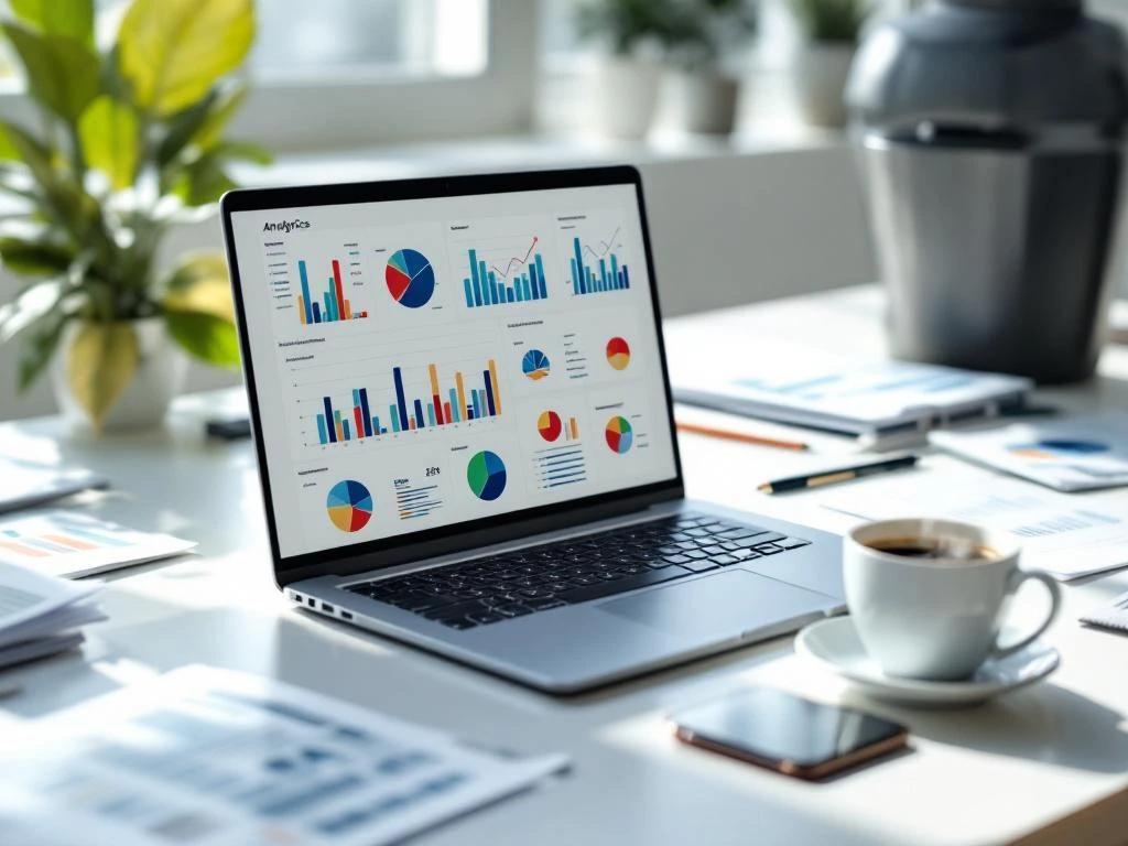 Laptop met kleurrijke analytics dashboard op scherm, omringd door rapporten en smartphone op wit bureau