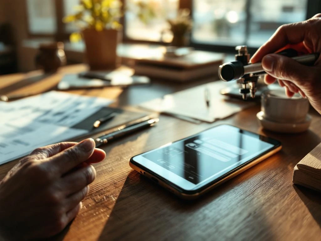 Smartphone met chatbot-interface op houten bureau, hand met kalibratietool maakt aanpassingen, technische documenten eronder