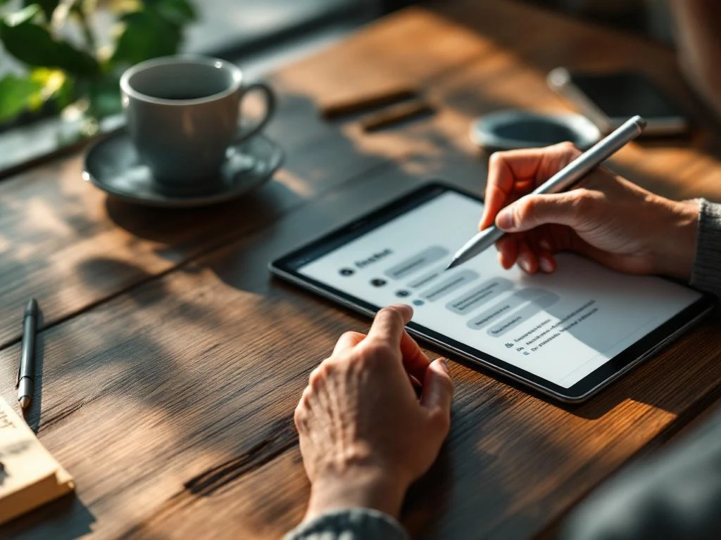 Smartphone met chatbot-interface en hand met stylus op tablet op houten bureau met koffie en notities