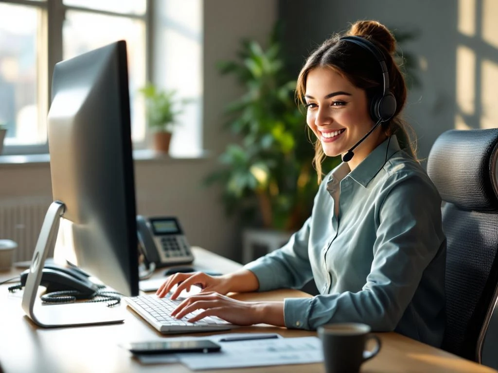Professionele klantenservice medewerker met headset aan bureau met telefoon en computer in modern kantoor
