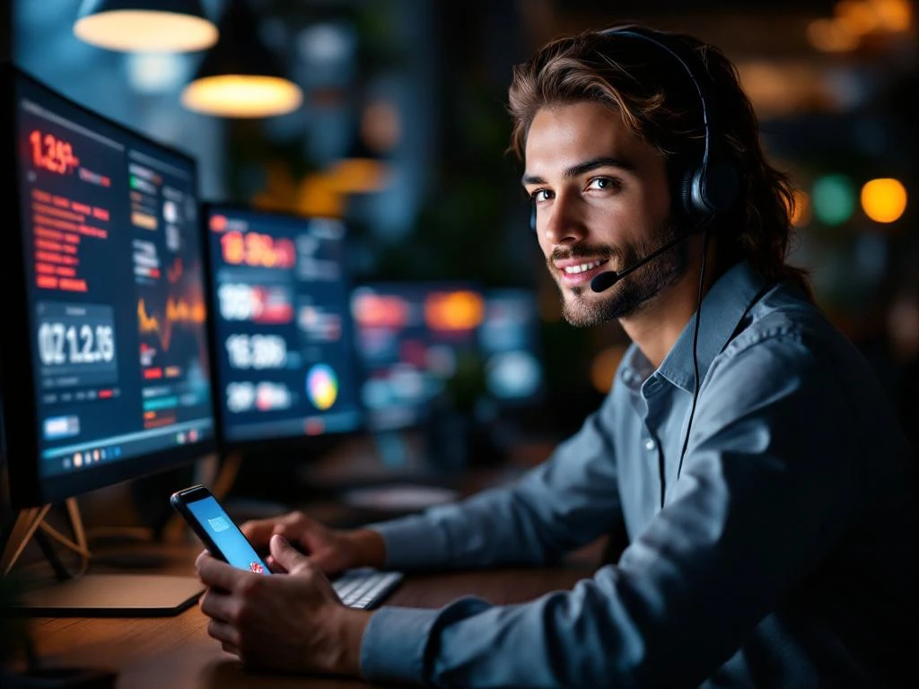 Klantenservice medewerker met headset aan bureau met meerdere monitoren en smartphone voor internationale oproepen