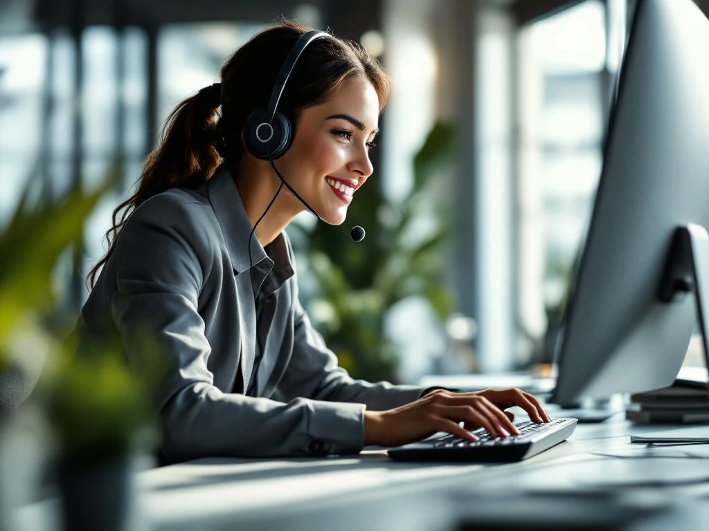 Professionele klantenservice medewerker met headset die attent typt aan computer in modern kantoor