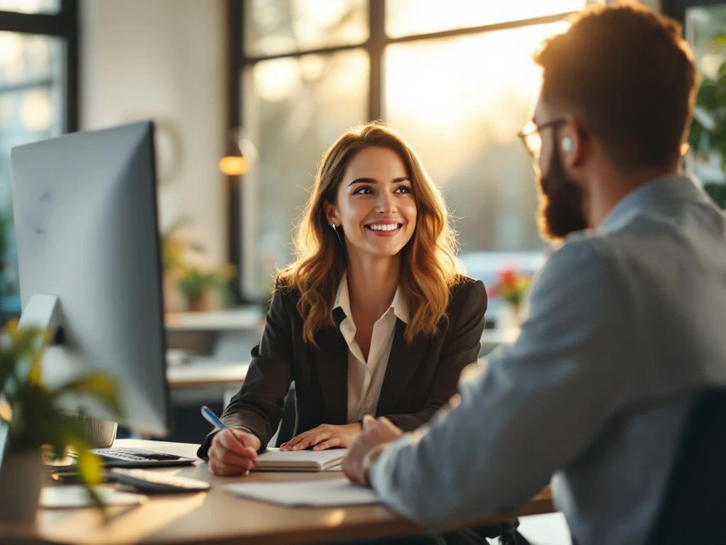 Professionele klantenservice medewerker in gesprek met tevreden klant in modern kantoor met natuurlijk licht