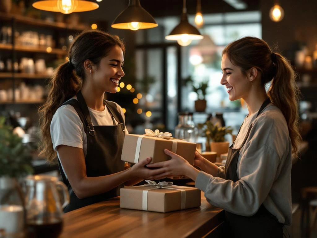 Glimlachende klantenservicemedewerker overhandigt tevreden klant ingepakt pakket over houten toonbank in warme coffeeshop