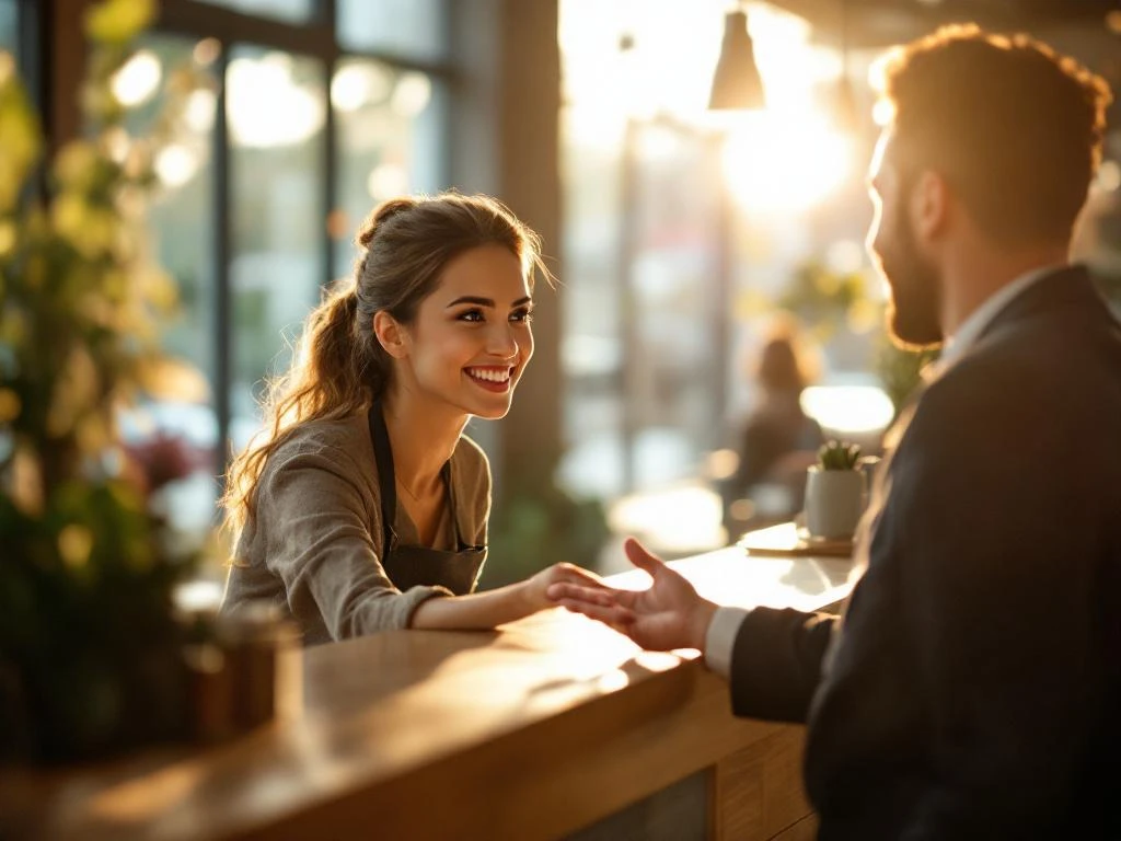 Klantenservice medewerker strekt hand uit naar tevreden klant over houten toonbank in moderne winkel met natuurlijk licht