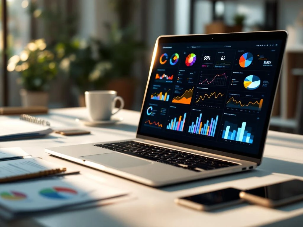 Moderne laptop toont kleurrijke data-dashboards en analytics grafieken op bureau met documenten en koffiekop