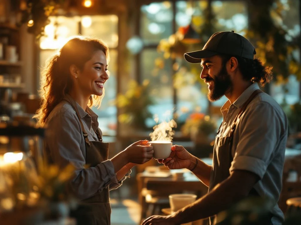 Vriendelijke barista overhandigt dampende koffie aan vaste klant in gezellig café met warme sfeer en zonlicht