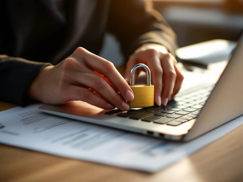 Zakenvrouw plaatst hangslot op laptop toetsenbord voor gegevensbeveiliging op kantoorbureau met documenten