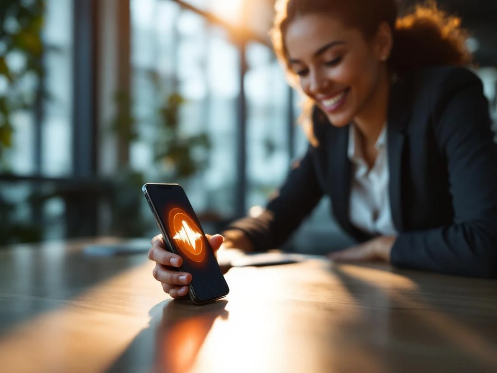 Professionele vrouw gebruikt smartphone met spraakgolfvorm op scherm in modern kantoor met natuurlijk licht