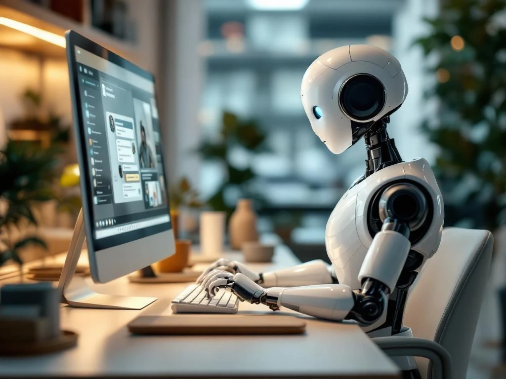 Witte humanoïde robot typt op toetsenbord aan moderne klantenservice balie terwijl hij naar chatgesprek op monitor kijkt