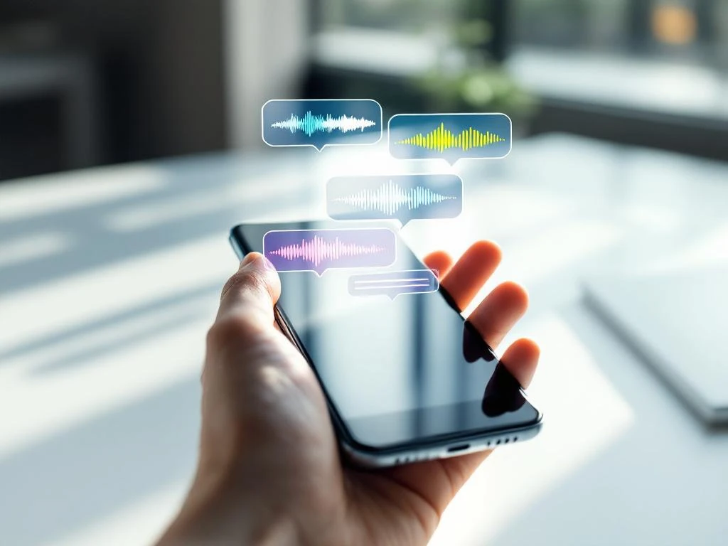 Smartphone met zwevende chatberichten en spraakgolven op wit bureau, natuurlijk licht, hand houdt toestel vast