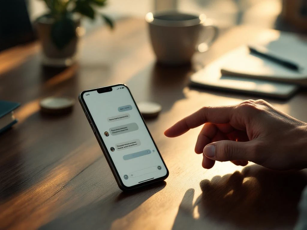Moderne smartphone met chatinterface op houten bureau, hand raakt scherm aan, koffiekop en notitieboek op achtergrond