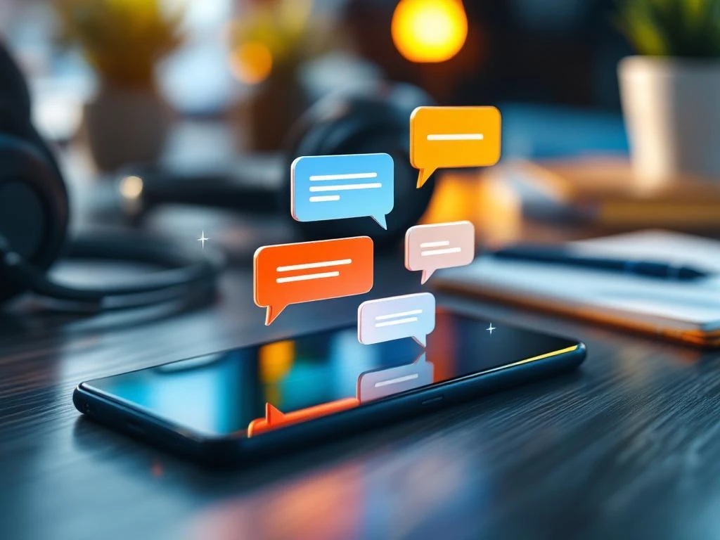 Smartphone met chatgesprek op klantenservice bureau, headset en notitieblok ernaast, kleurrijke chatballonnen zwevend