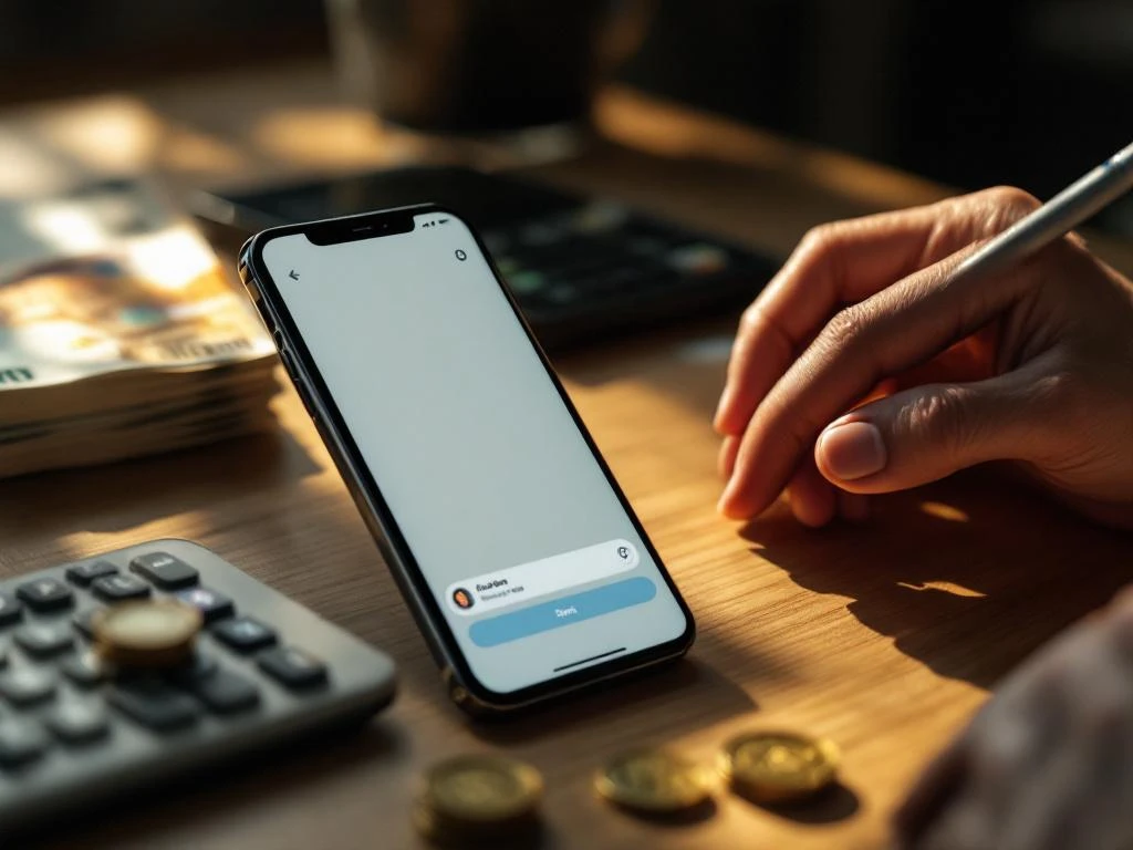 Smartphone met chatbot-interface op houten bureau naast eurobiljetten en munten, calculator op achtergrond