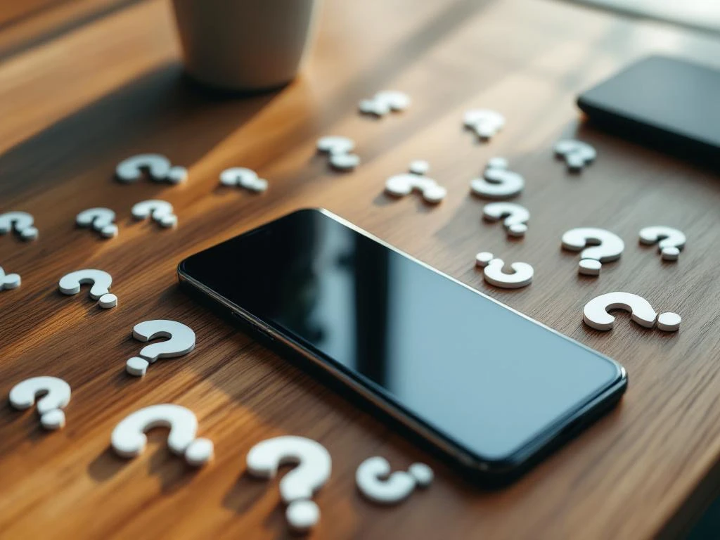 Smartphone met chatbot-interface op houten bureau omringd door vraagteken-papier, natuurlijk licht door raam