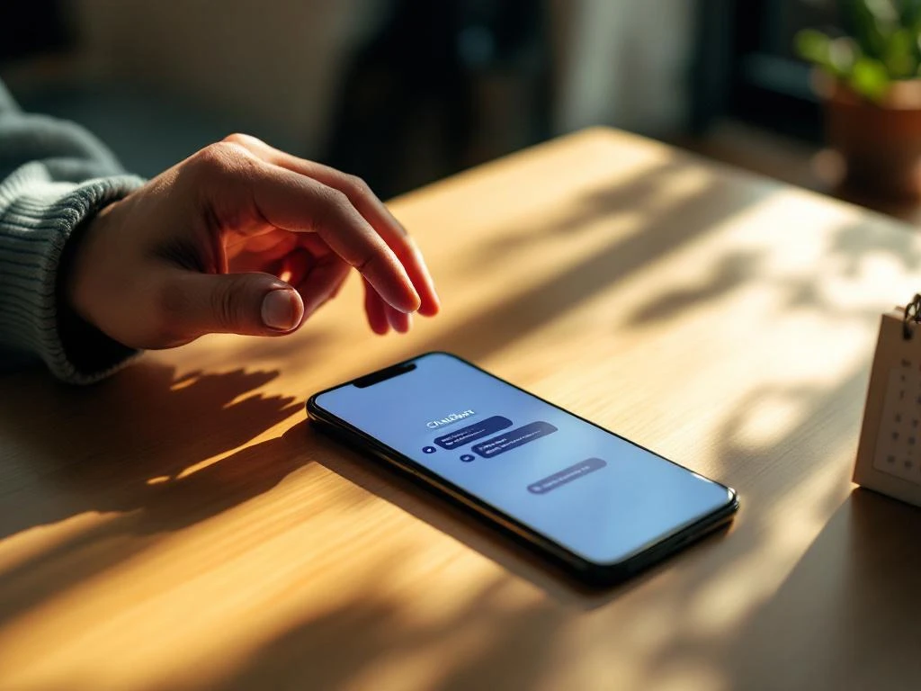 Softwareontwikkelaar reikt naar moderne smartphone met chatbot-interface op houten bureau naast kalender in kantoor