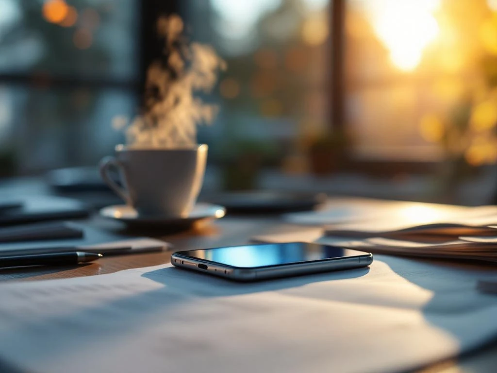 Smartphone met gloeiend scherm op kantoorbureau naast koffiekop en documenten, verlicht door gouden zonlicht