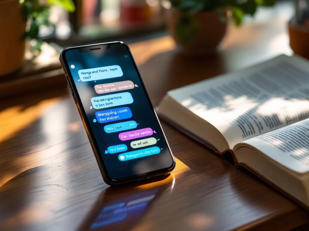 Moderne smartphone met meertalige chat-interface op houten bureau naast geopend woordenboek in natuurlijk licht