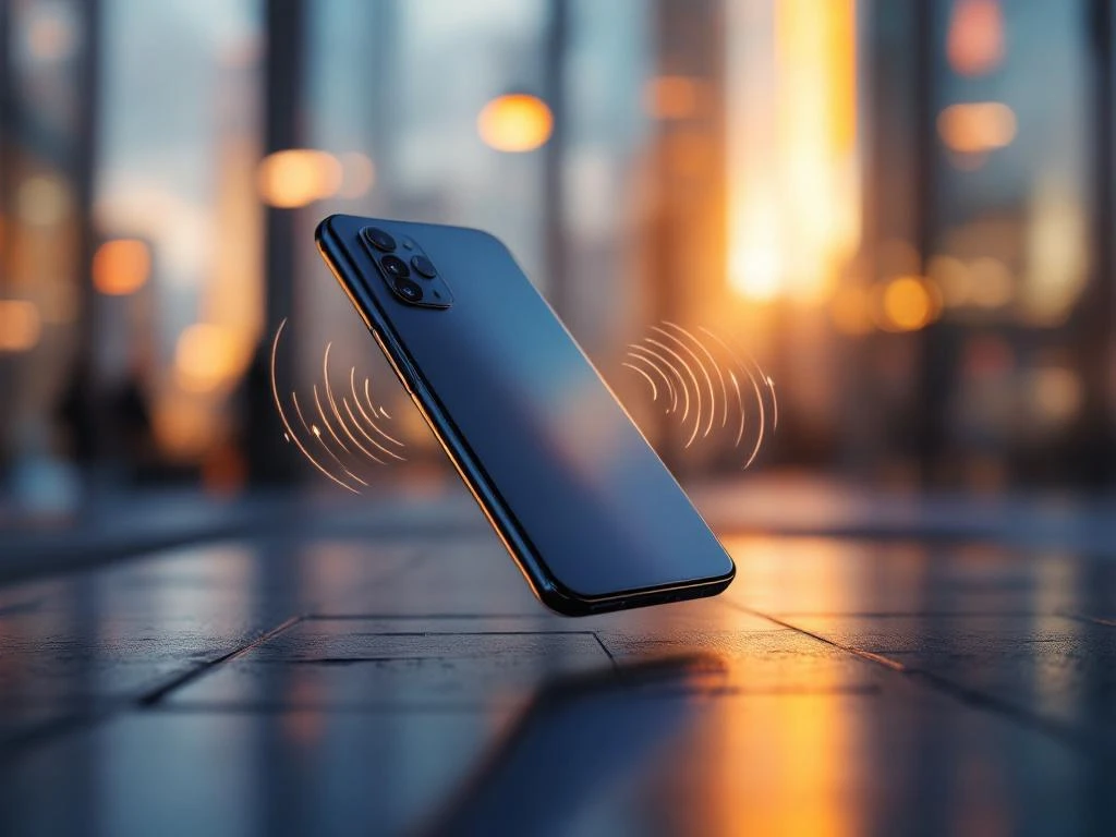 Moderne smartphone zweeft met geluidsgolven tegen wazige stadsachtergrond in gouden avondlicht