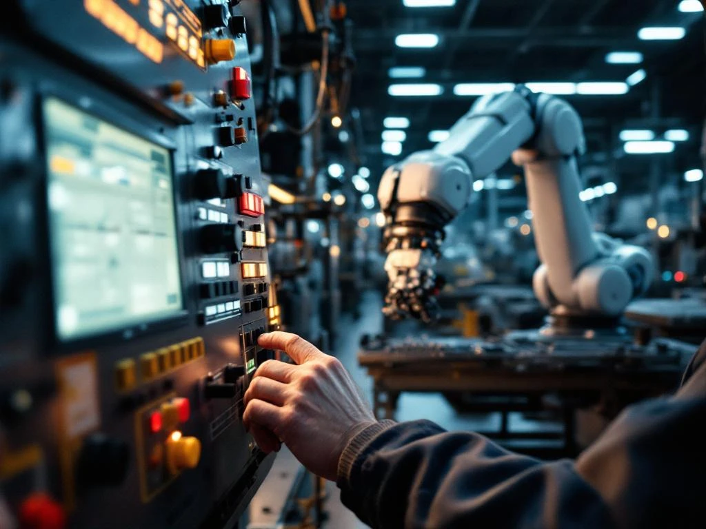 Technicus past instellingen aan op industrieel controlepaneel terwijl robotarm op achtergrond werkt in moderne fabriek