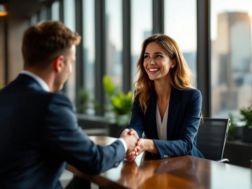 Zakenvrouw en cliënt schudden handen over conferentietafel in modern kantoor met stadsgezicht