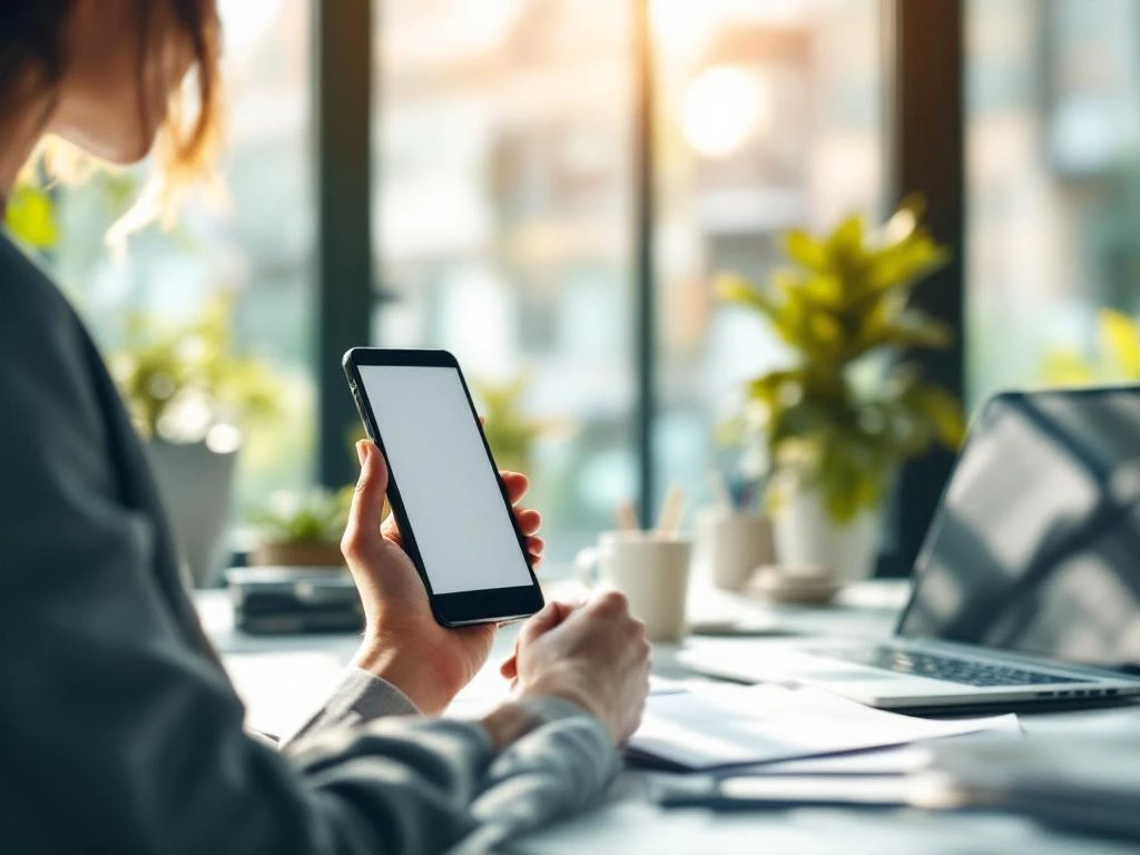 Professionele vrouw in kantoor bekijkt smartphone notificatie aan bureau met laptop en digitale transformatie documenten